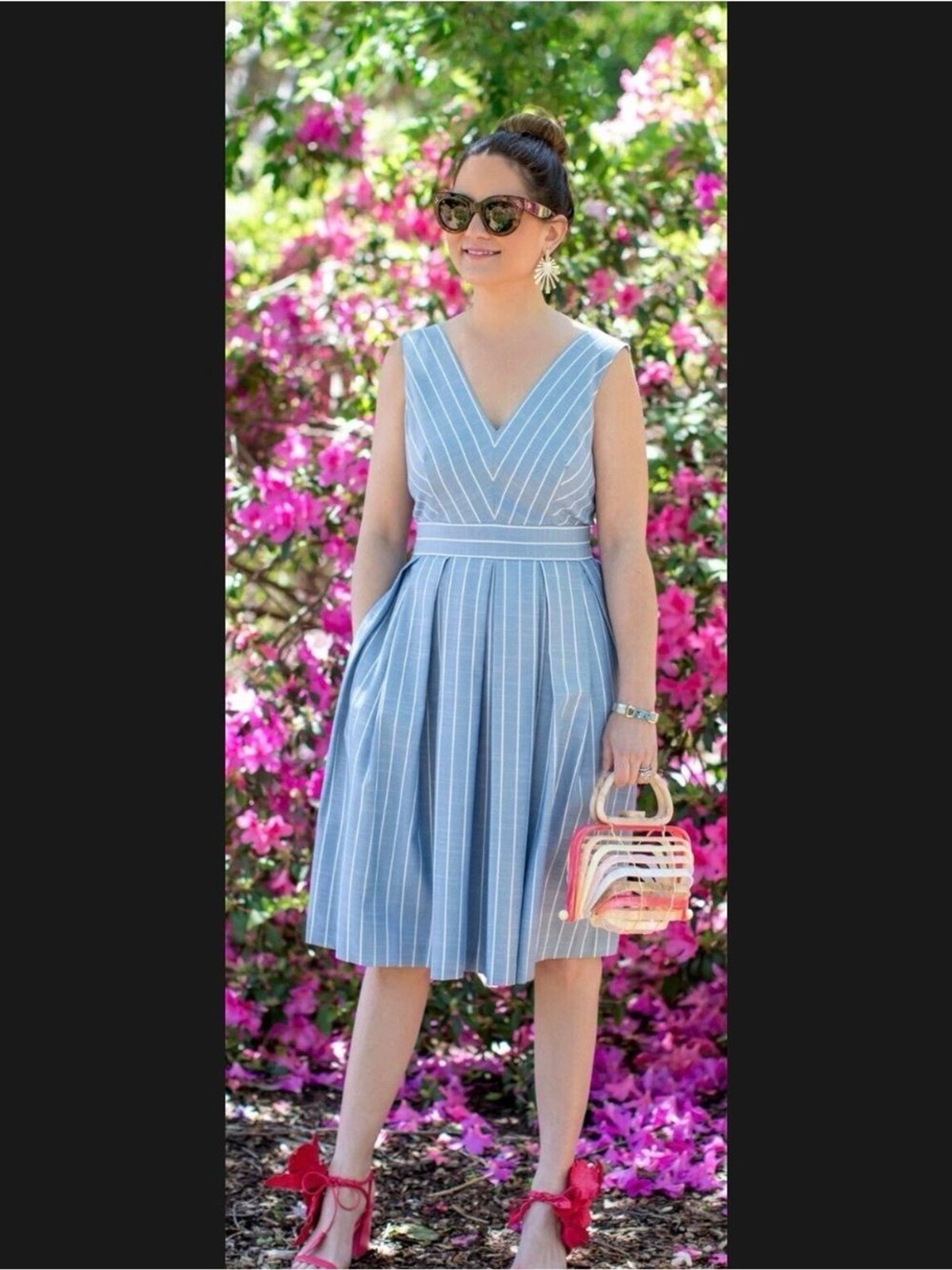 Gal Meets Glam Samantha dress pinstripes v-neckline pleated skirt size 14
