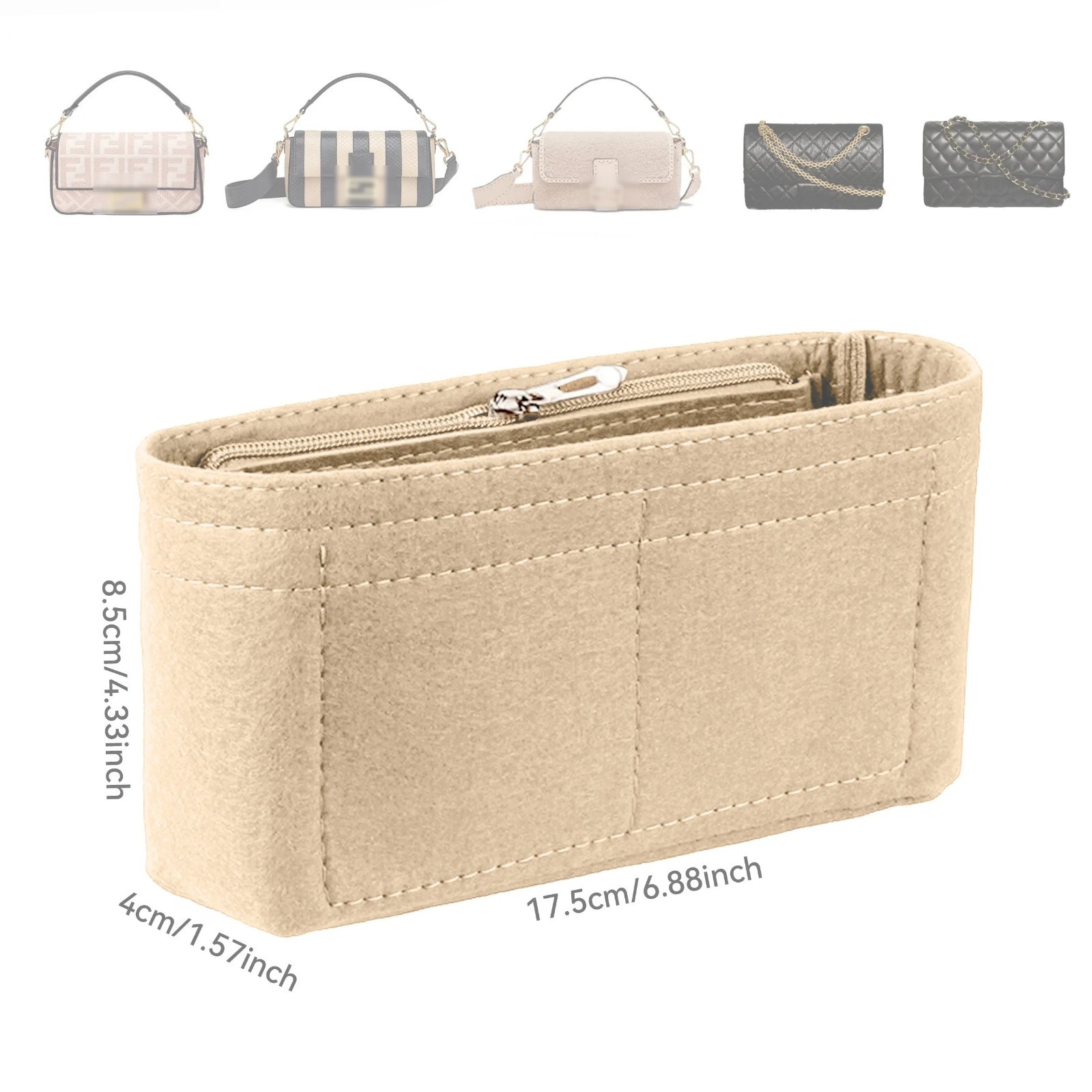 Felt Bag Organizer Insert with Zipper Multi Pocket Purse Liner Handbag Organizer