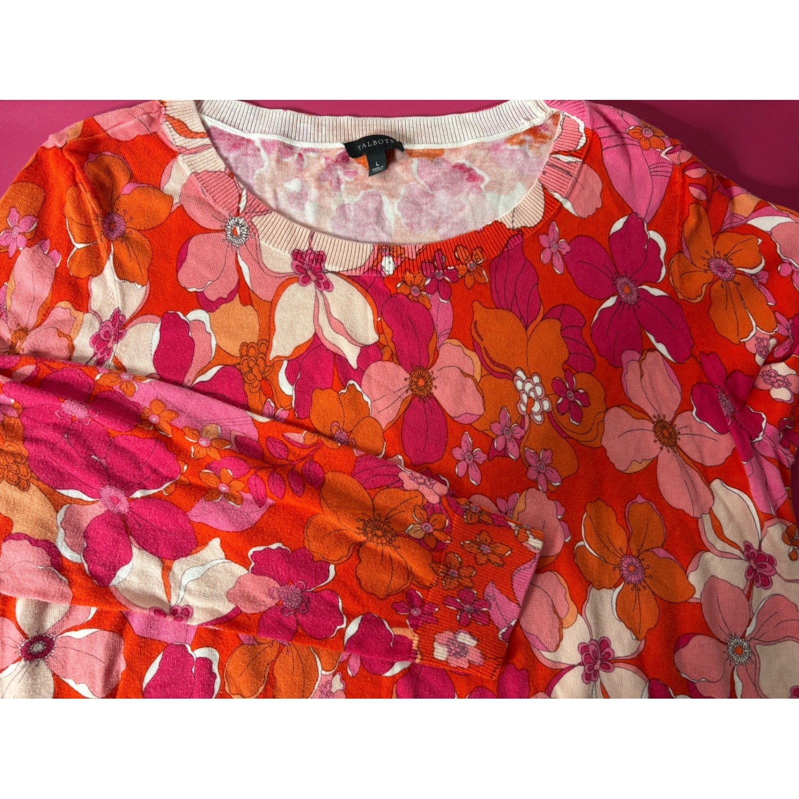 TALBOTS Womens Red Pink Floral Long Sleeve Sweater Sz L Hippie Retro Light-Knit