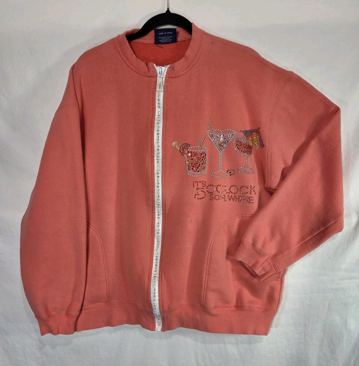 Aces Full Zip Sweatshirt Womens XL Coral Rhinestone Cocktail 5 O’Clock Somewhere