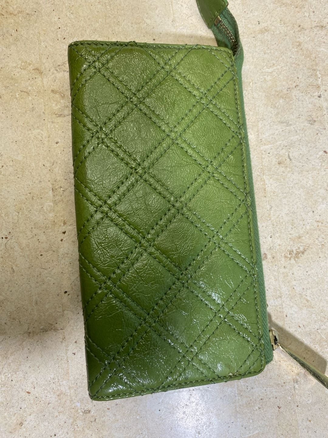 Marc Jacobs Vintage Green Quilted Leather Push Lock Double Pocket Zip Wallet