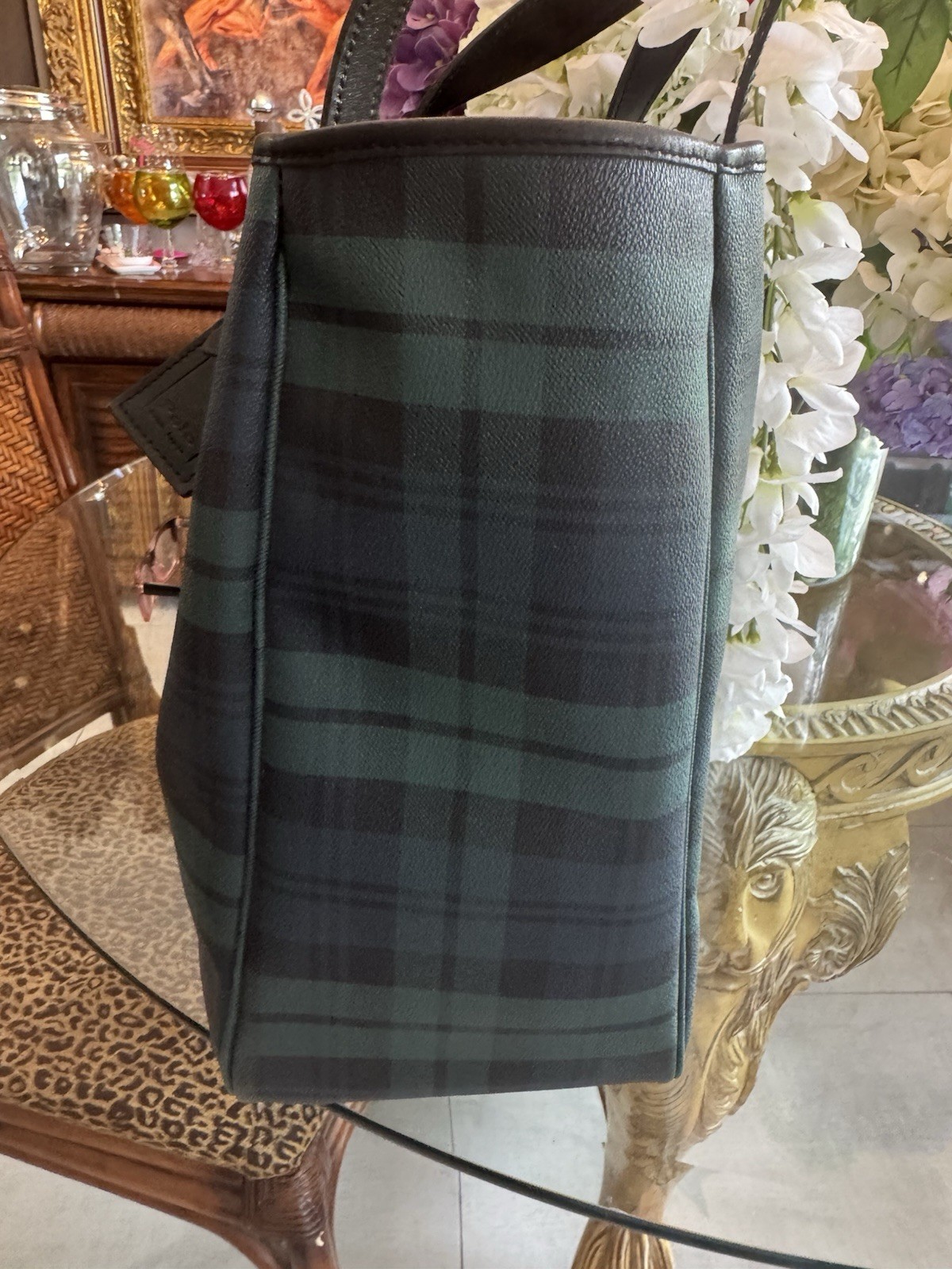 Polo Ralph Lauren Green/Black Plaid Tote Bag Lined Inner Pockets Double Handles