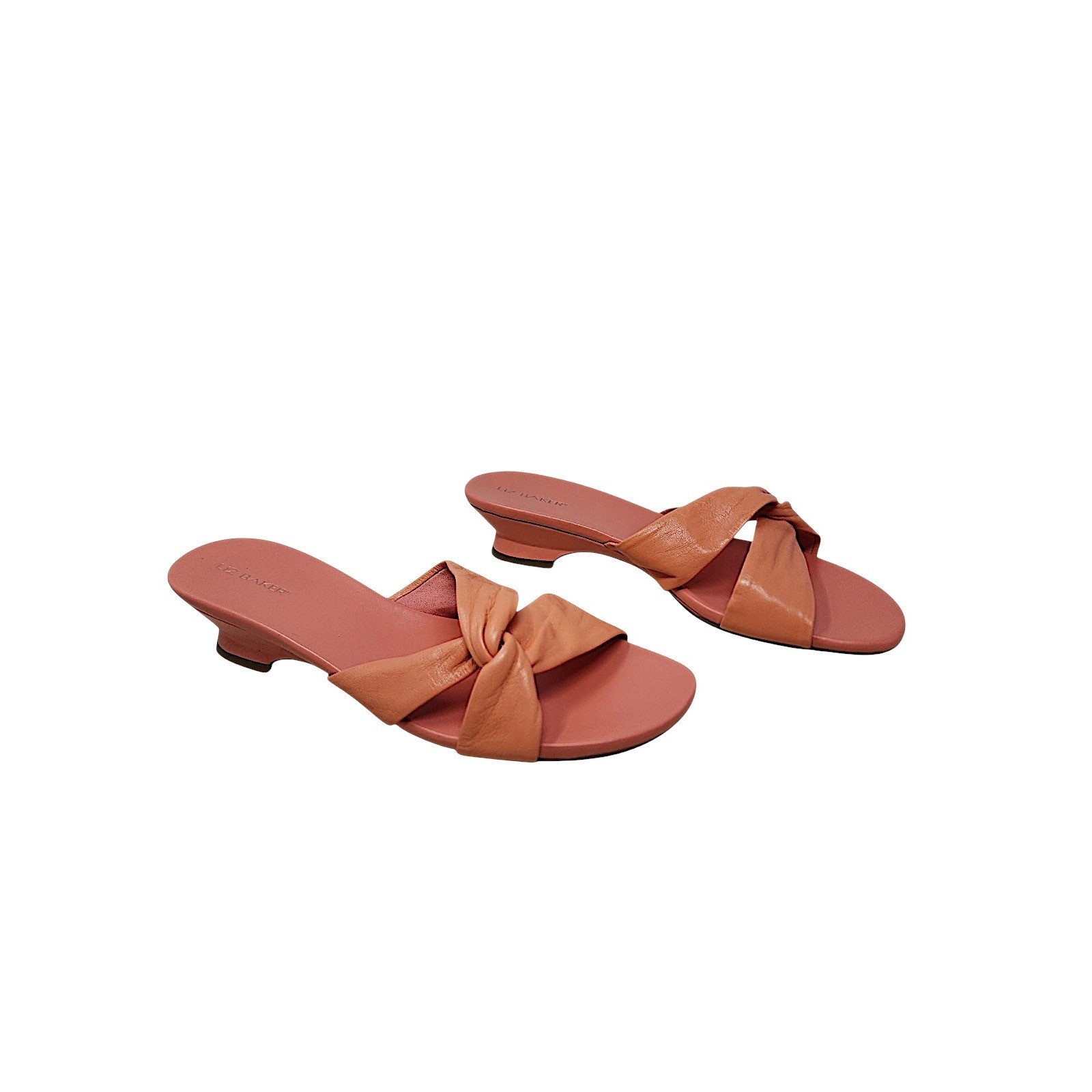 Liz Baker Slides Sandals 9.5 M Womens Peach Leather Knot Kitten Heel Slide Mules