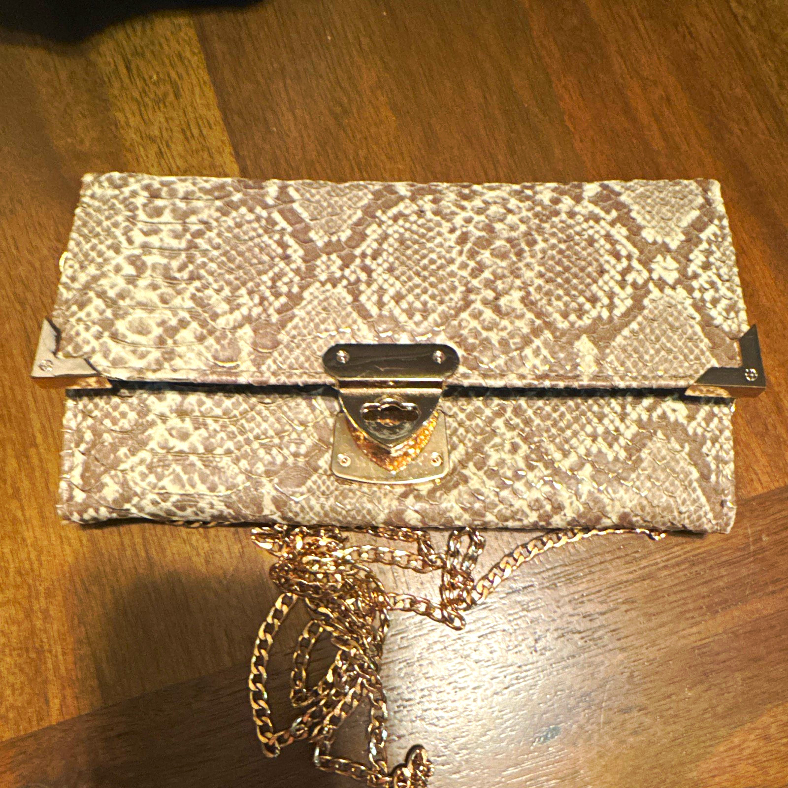 Beige/Brown Snakeskin Animal Print Clutch w/ Gold Chain Strap, Lock, Lined