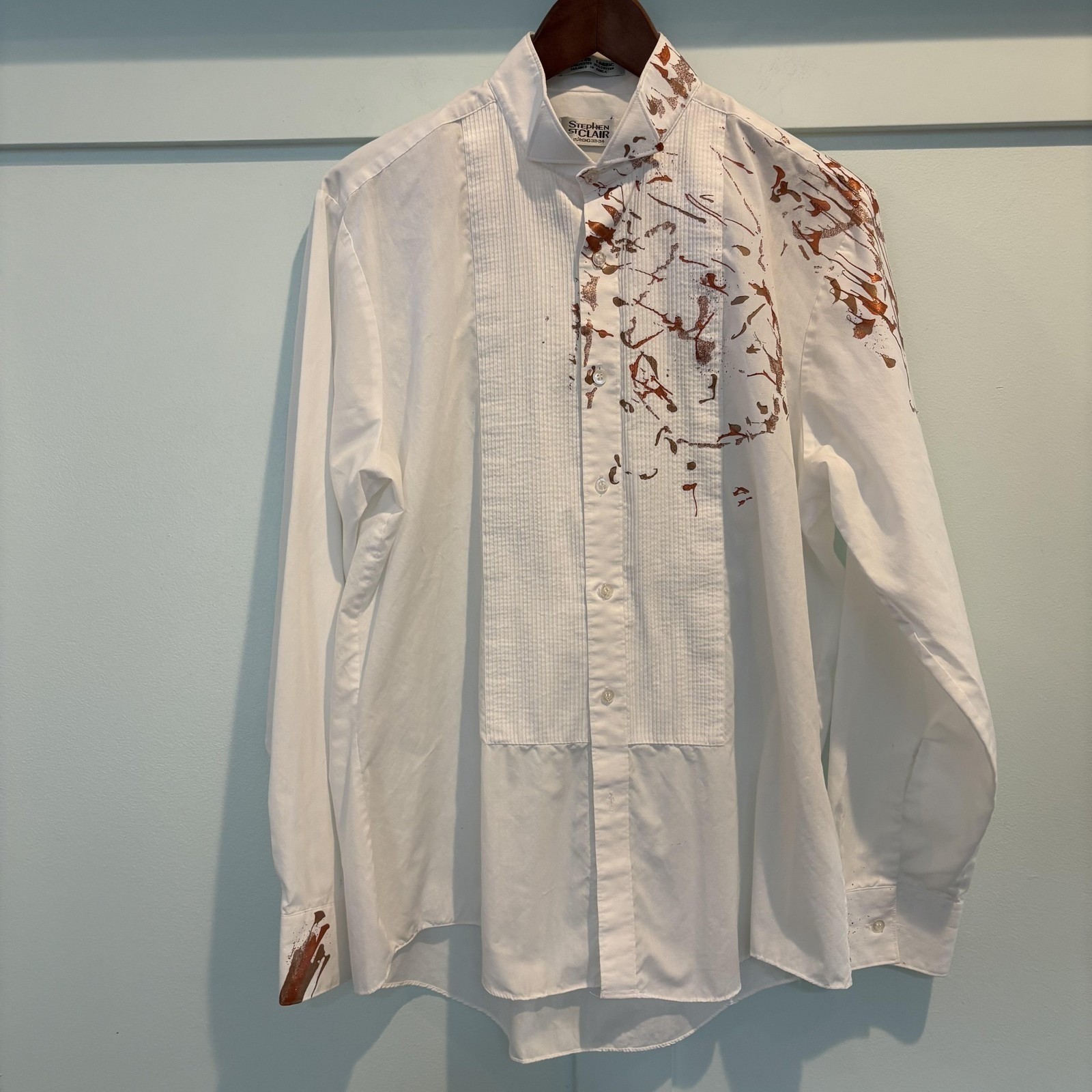 Vtg Stephen St Clair Hand Painted Tuxedo Blouse White Bronze Artsy Avant Garde