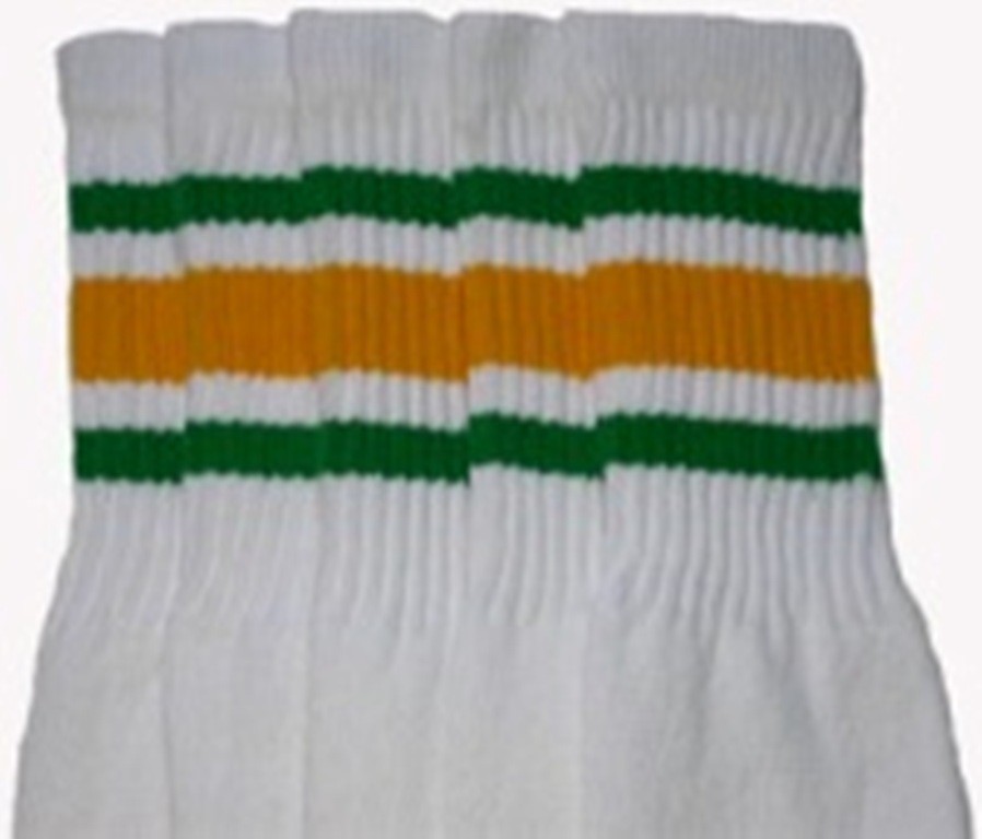 22” KNEE HIGH WHITE tube socks with GREEN/GOLD stripes style 3 (22-13)