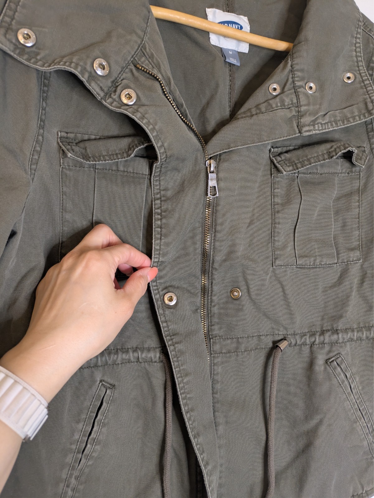 Old Navy Military Jacket M Olive Green Canvas Full Zip Drawstring Utility Coat
