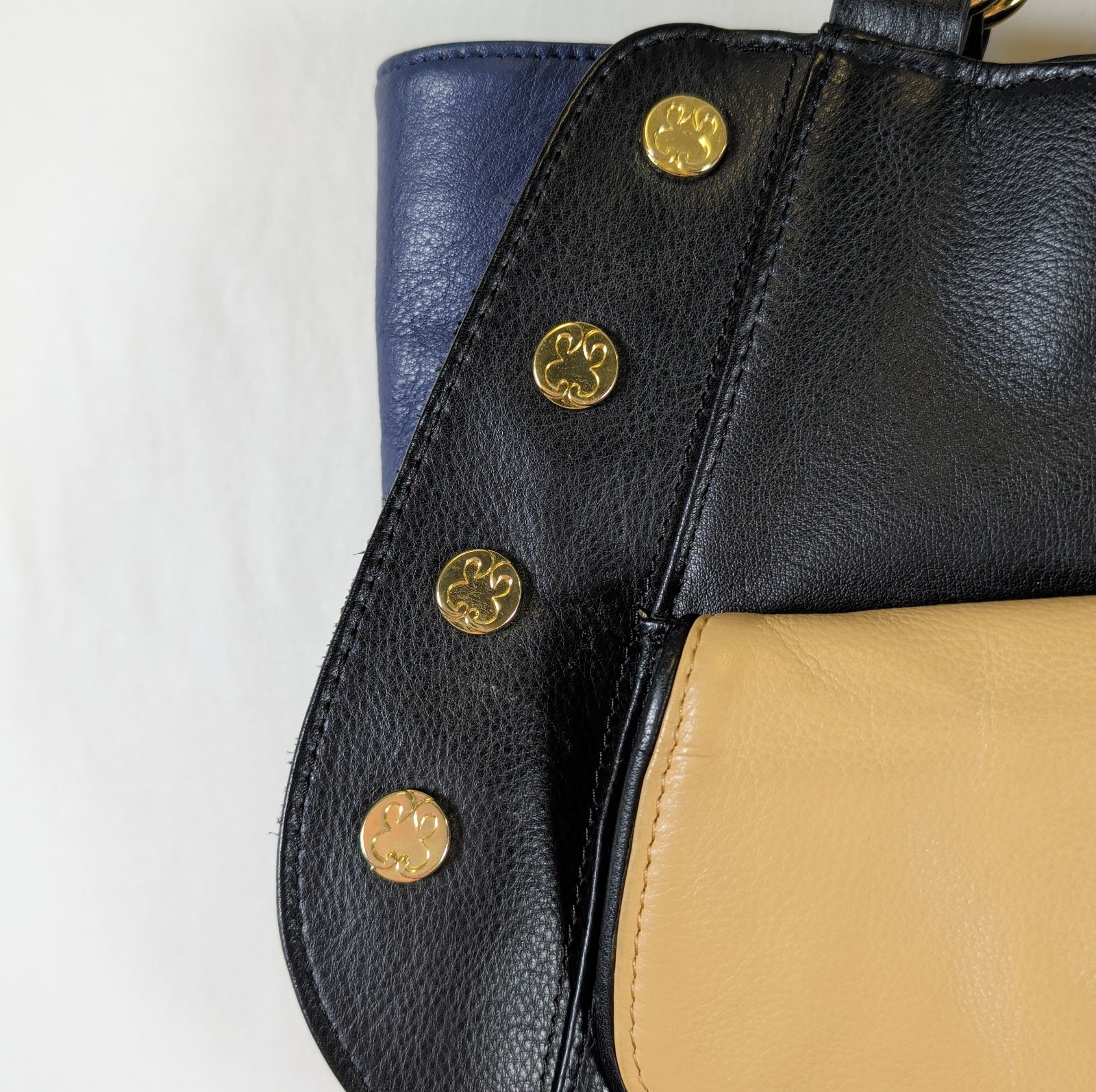 Emma Fox Colorblock Turnlock Studded Double Handled Satchel Black Blue Beige