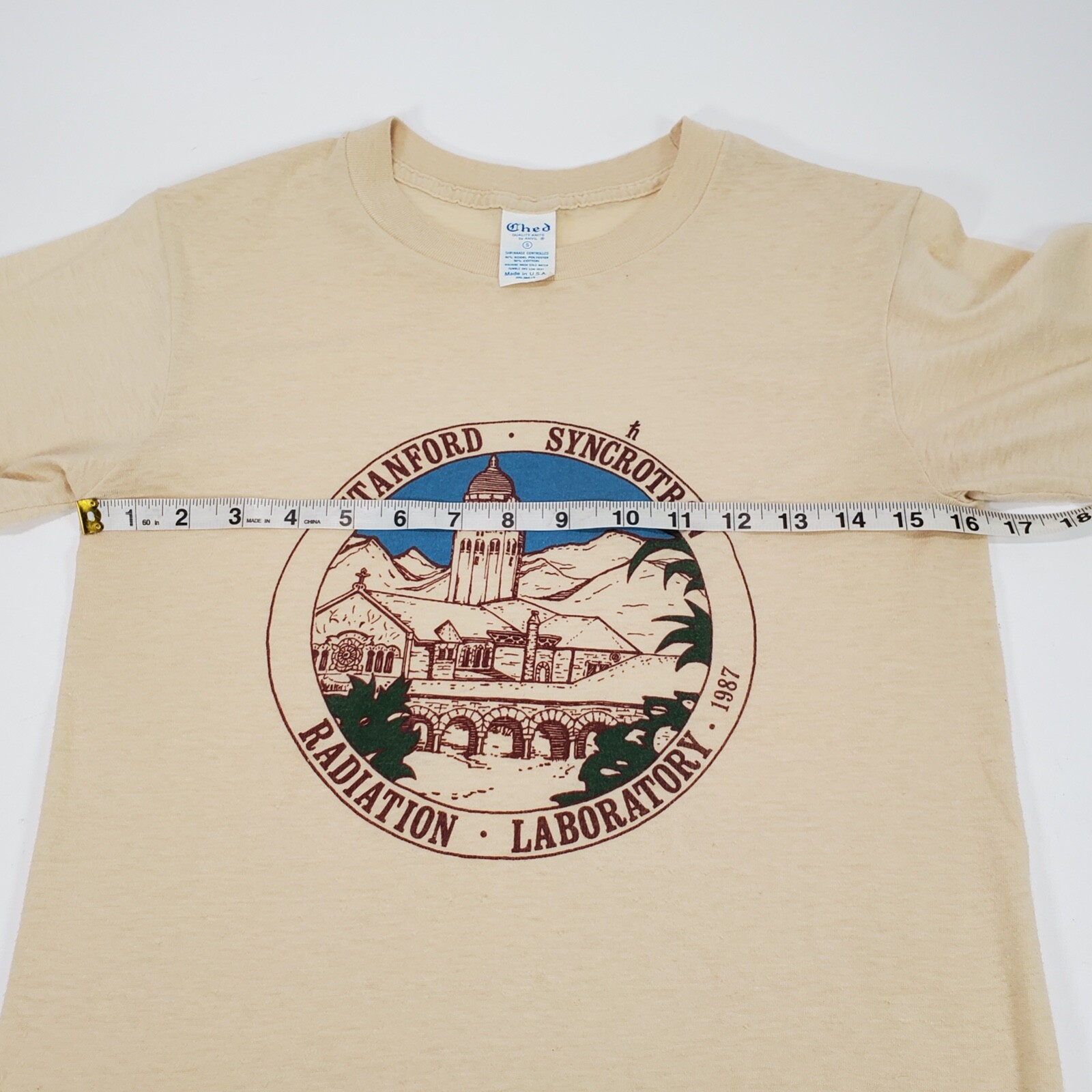 Vintage 1987 Beige Stanford Syncrotron T-Shirt Single Stitch Ched Label Sz S
