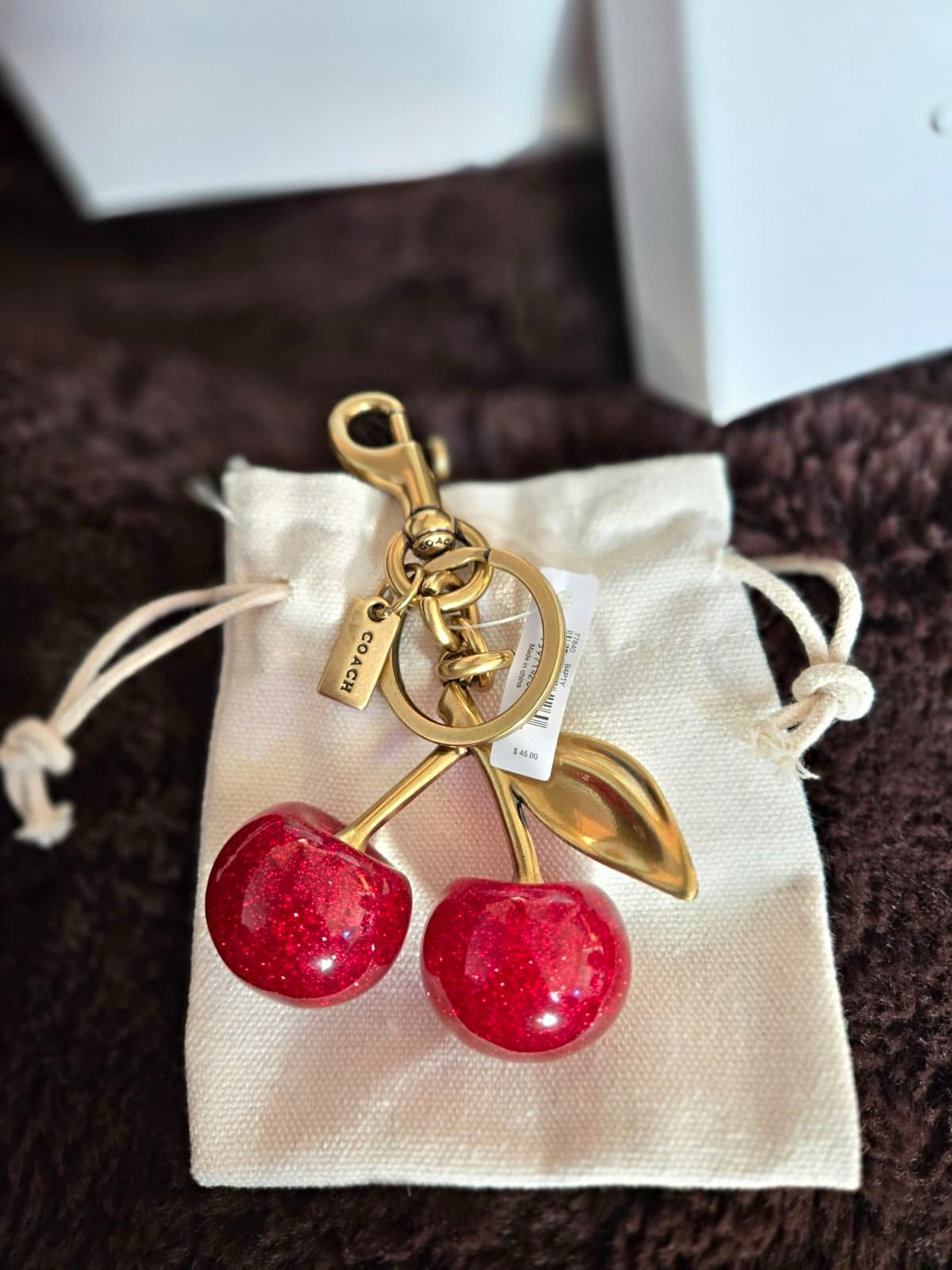 Coach Cherry Key Chain Gold Tone Metal Red Resin Charm Logo Accent Women
