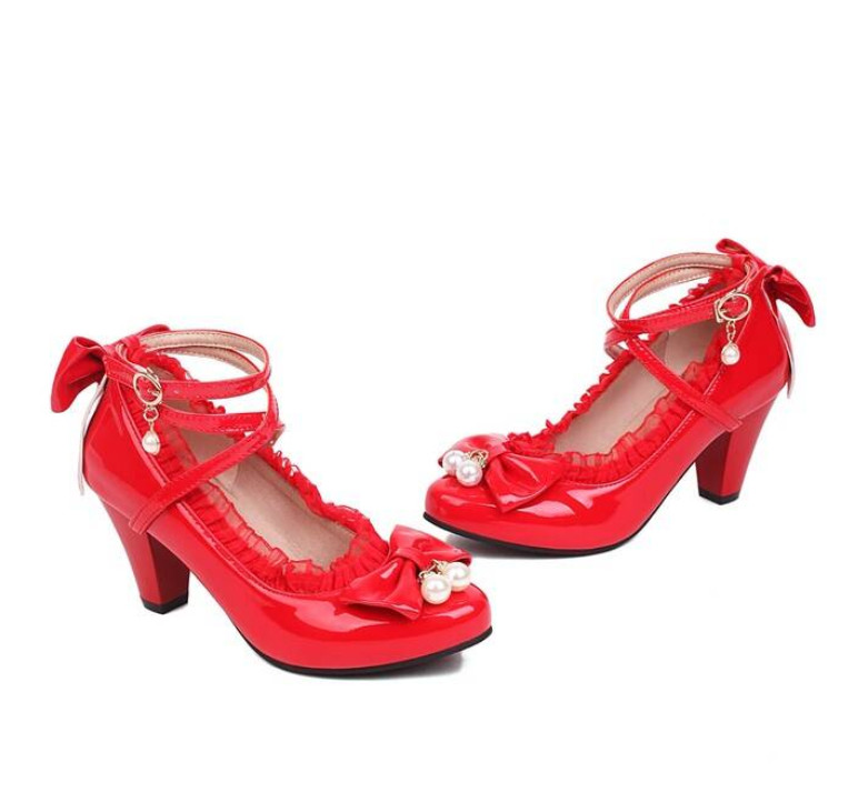 Womens Lolita Bowknot Mary Jane Faux Leather Ankle Strap Casual Prom Dress Shoes