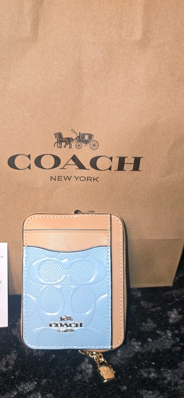 Coach Leather Logo Zip ID/Document Holder w/ Chain, Blue/Beige
