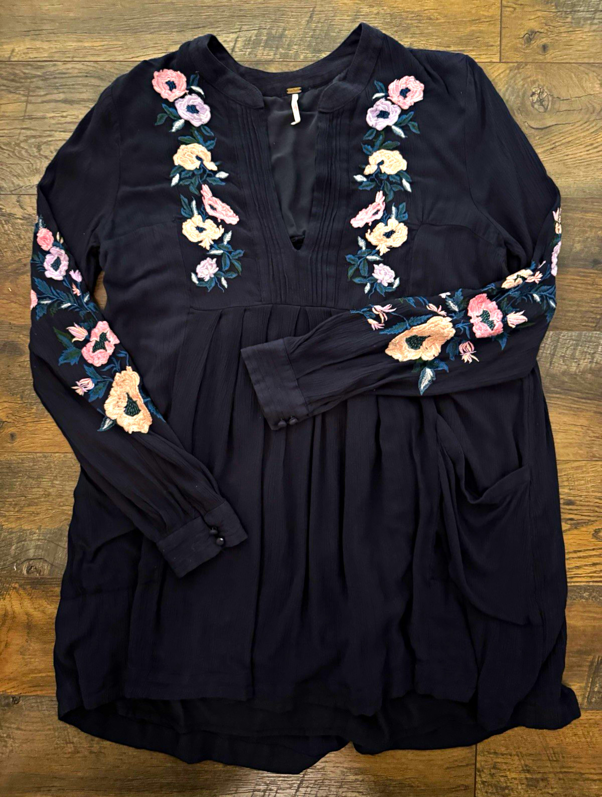 Free People Mia Boho Floral Embroidered Gauze Dress Size M Black