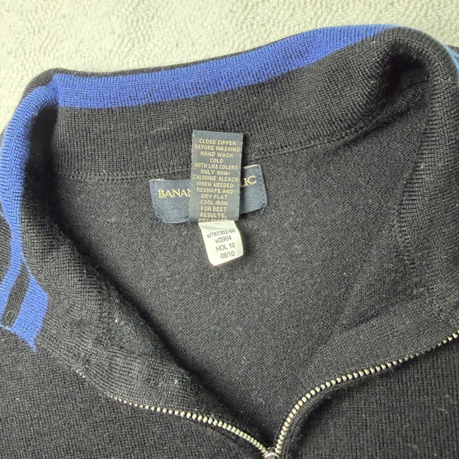 Banana Republic Mens Merino Wool Full Zip Sweater Black Blue Striped Neck Large