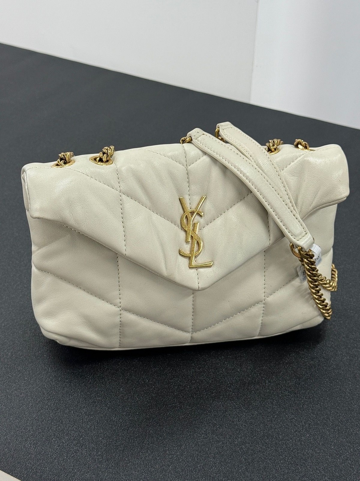 Saint Laurent Loulou Puffer Mini White Leather GHW Chain Crossbody Bag Auth