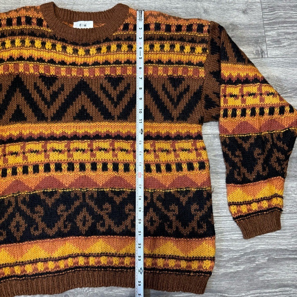 Together! Vintage 90s Wool Blend Geometric Tribal Knit Sweater Mens Large Brown