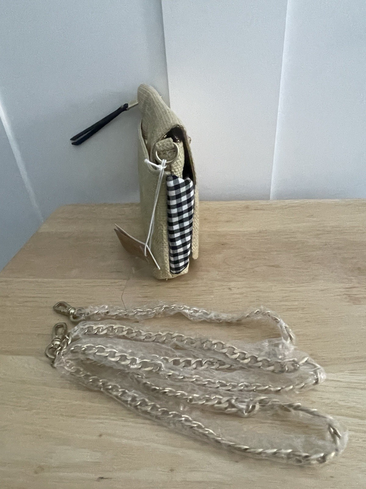 Abbie Emmie Beige Gingham Bow Crossbody Bag Detachable Chain Strap Snap Zip