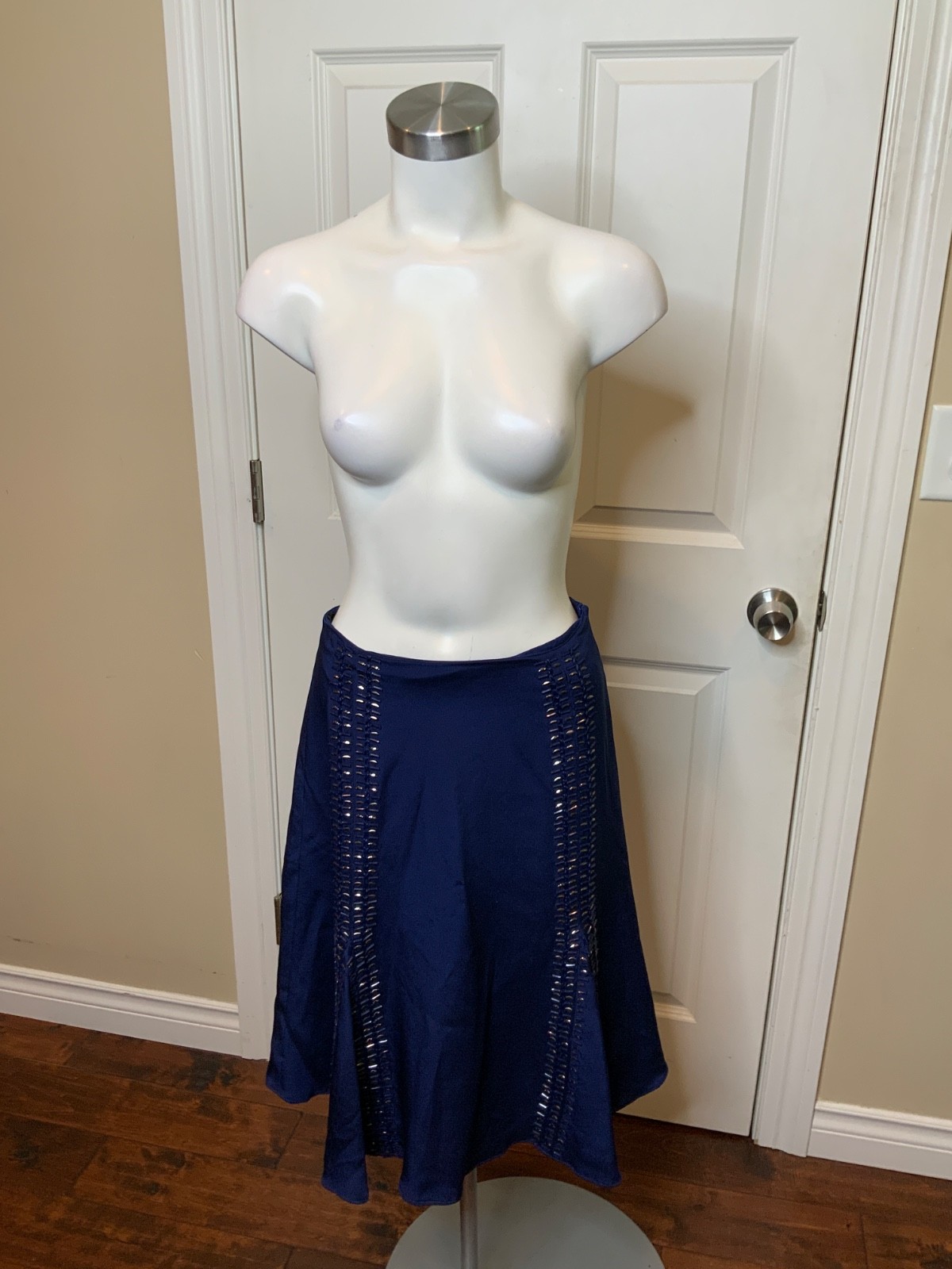 Charles Youssef Navy Blue Satin Silk Beaded Trumpet Skirt NWT $695, Size 6