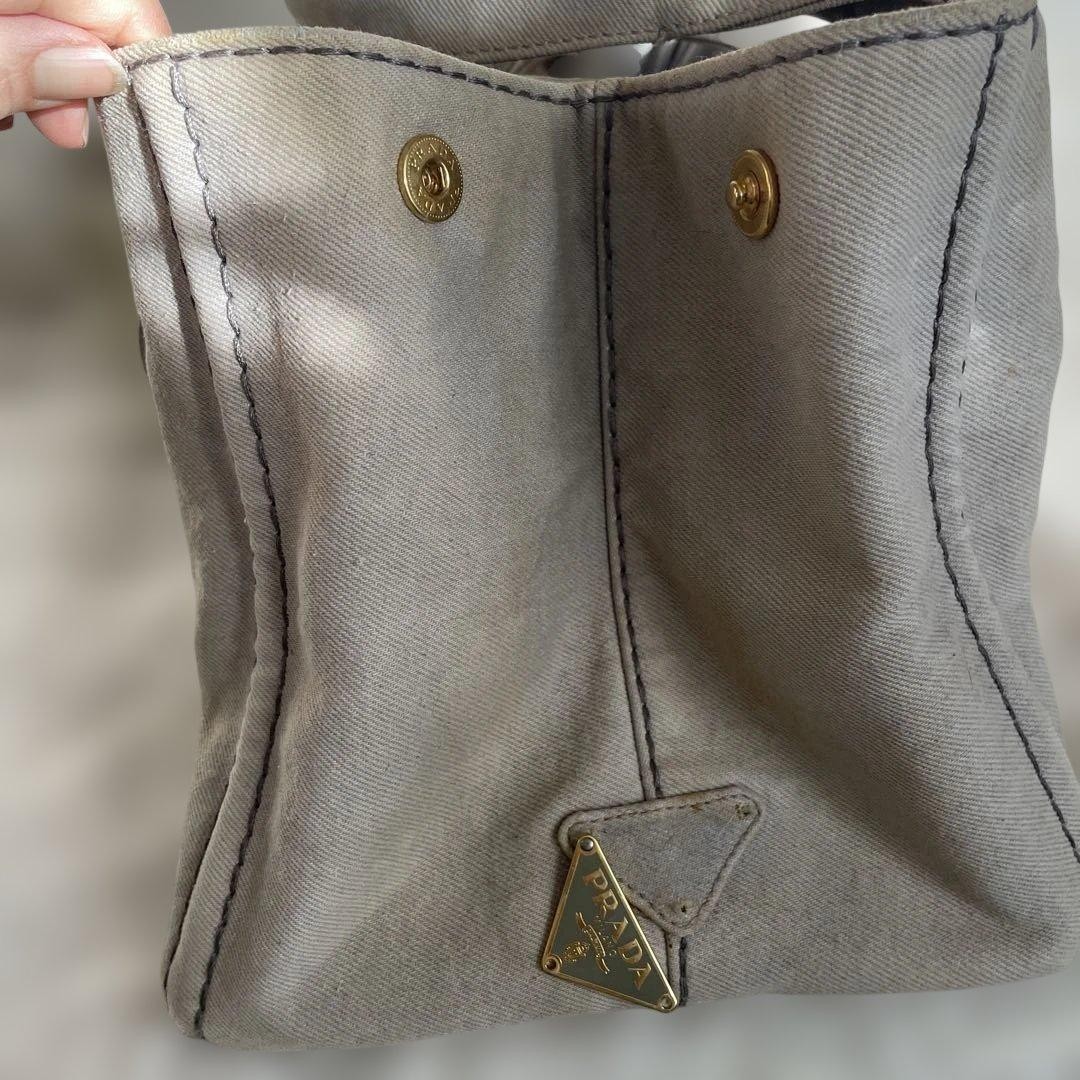 PRADA Canapa Canvas Tote Handbag Greige Triangle Logo Plate Bag Women Junk