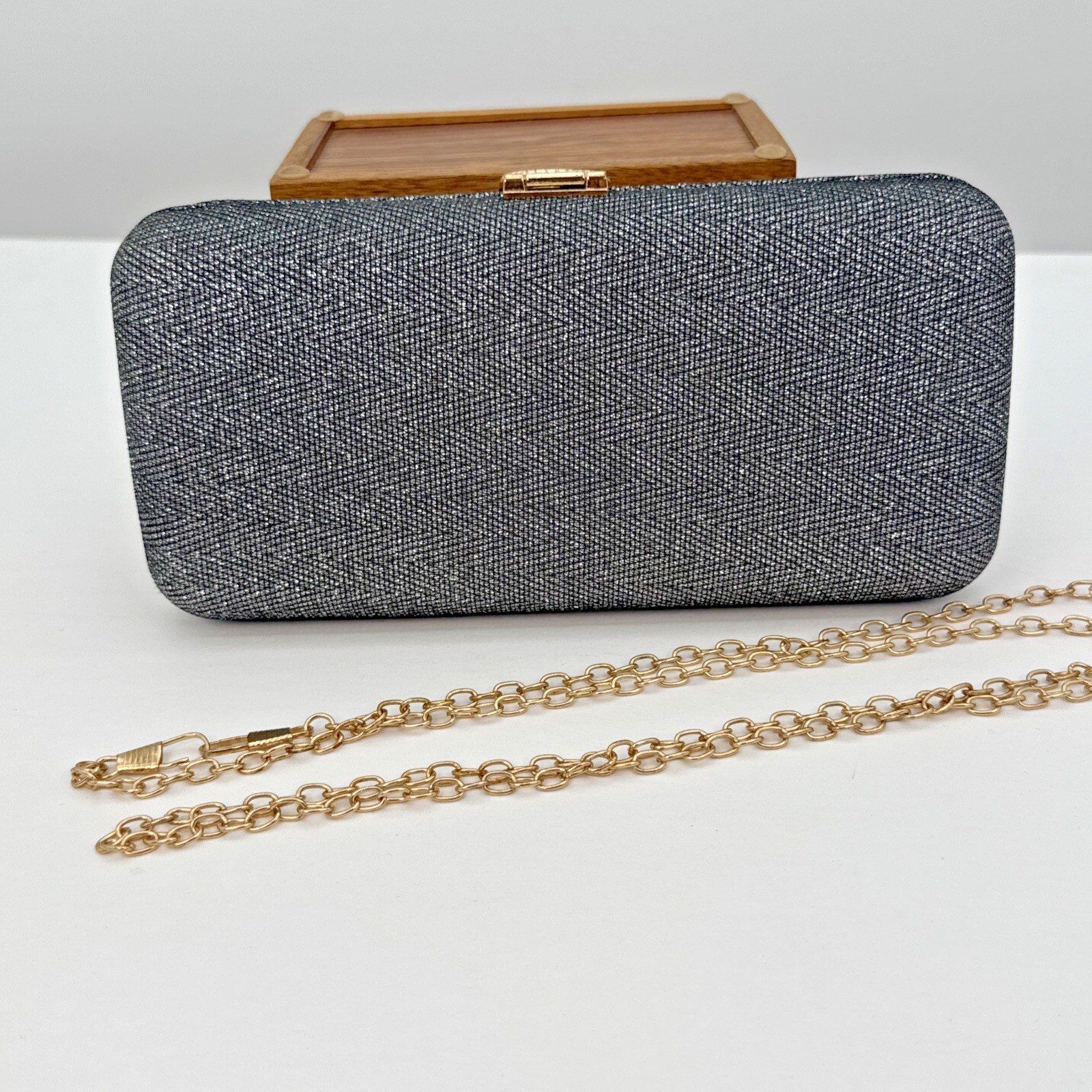Silver Sparkle Crystal Evening Purse Clutch Gold Snake Clasp Square Bag Chain