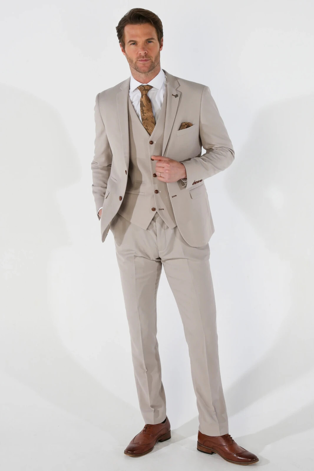 MENS PAUL ANDREW MAYFAIR BEIGE TAILORED FIT TEXTURED WEDDING 3 PIECE SUIT 36-52