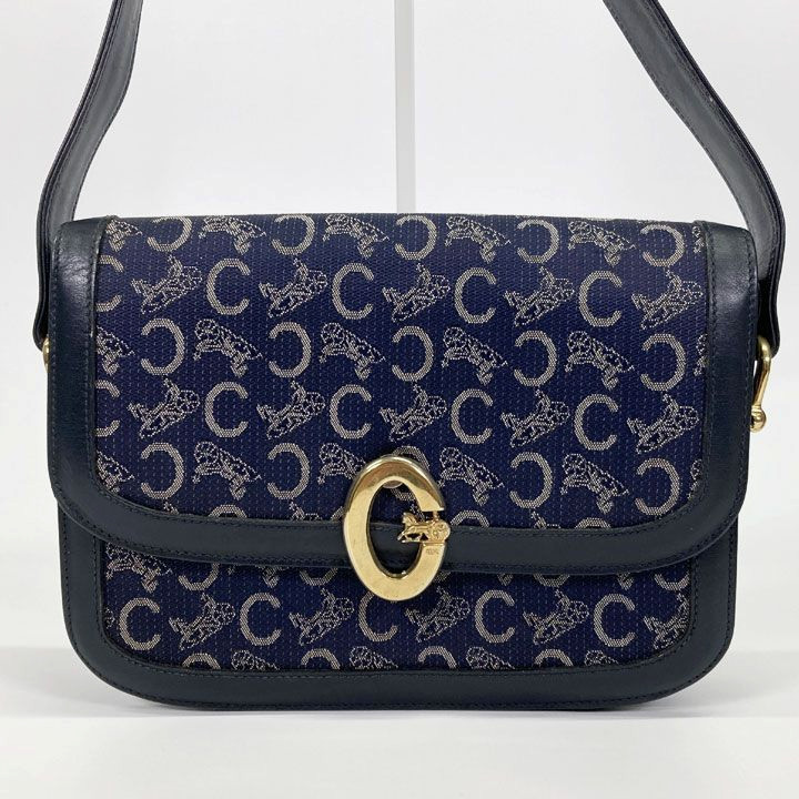 CELINE C Macadam Sulky Shoulder Bag Navy Canvas Leather Vintage Italy Authentic