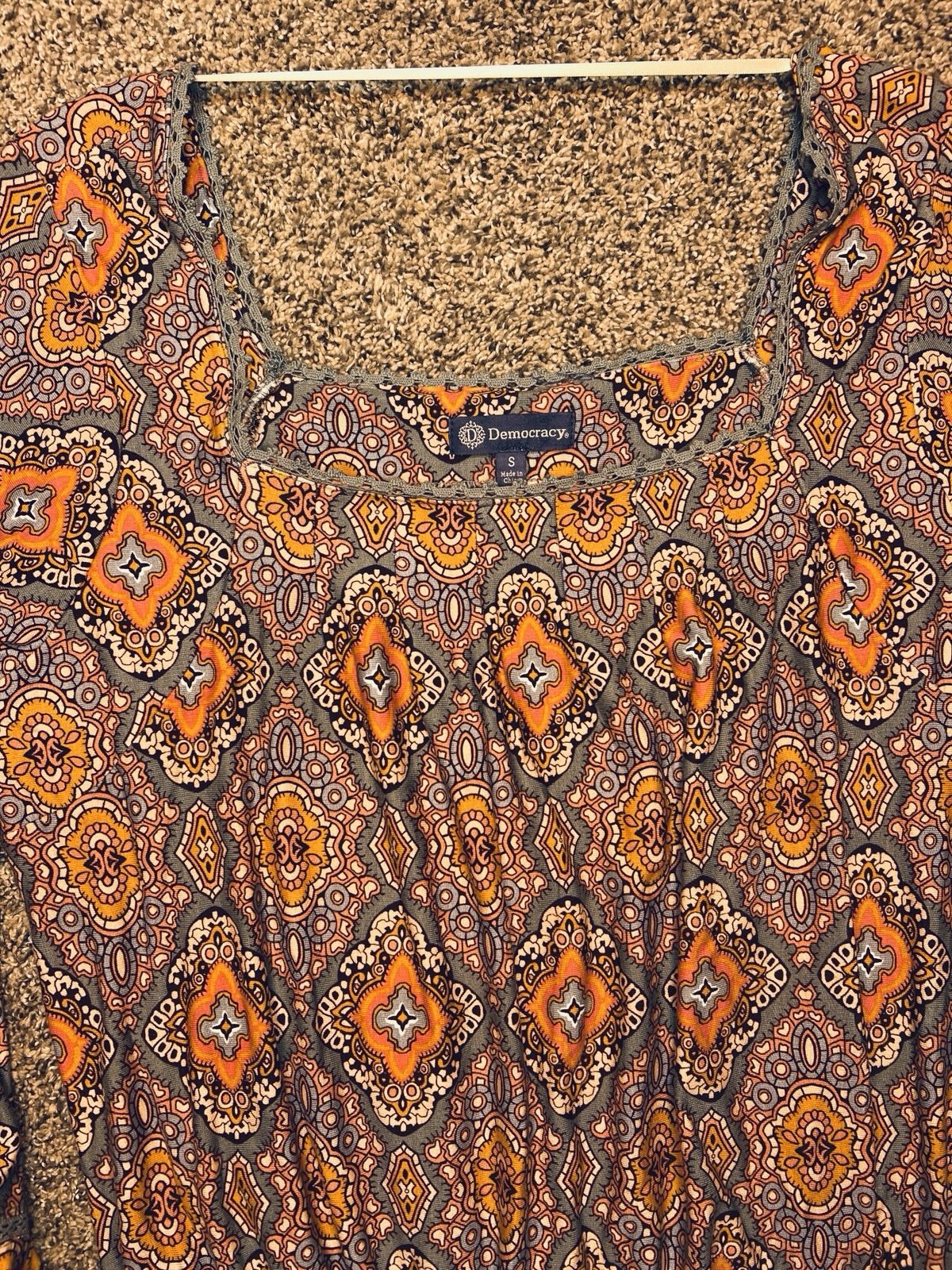 NWT Democracy SMALL Geometric Square Neck Blouson Sleeve Smocked Top Shirt
