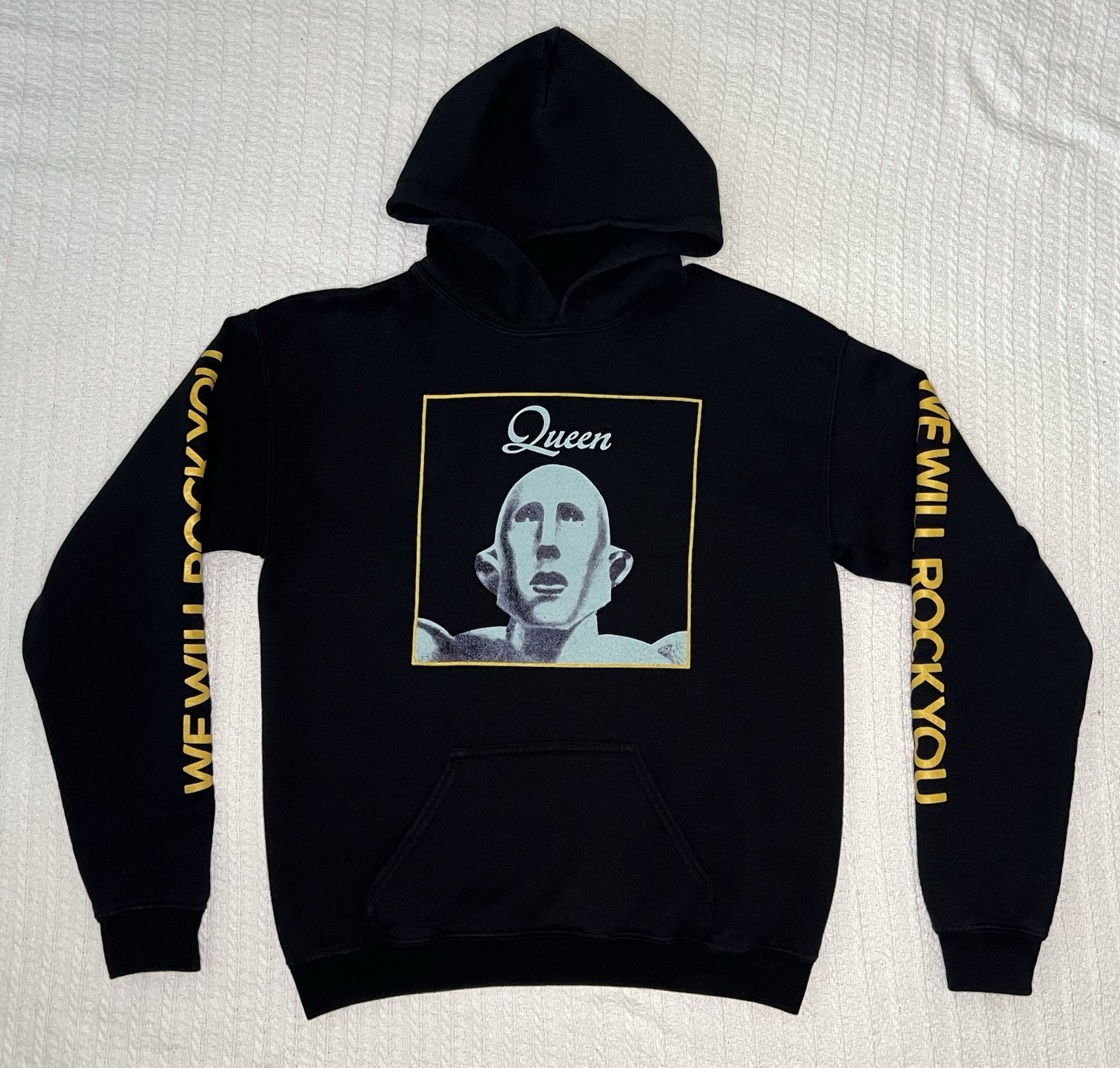 Queen Official Merch Hoodie We Will Rock You Sleeve Print XS 19” X 24” Black