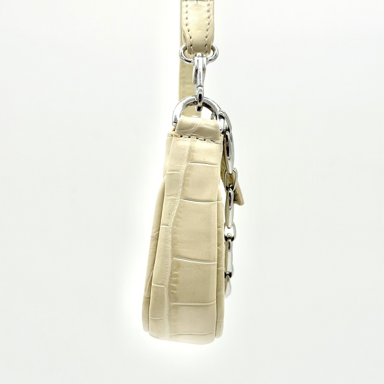 by FAR Mini Rachel Shoulder Bag Cream Crocodile Embossed Leather Chain Strap