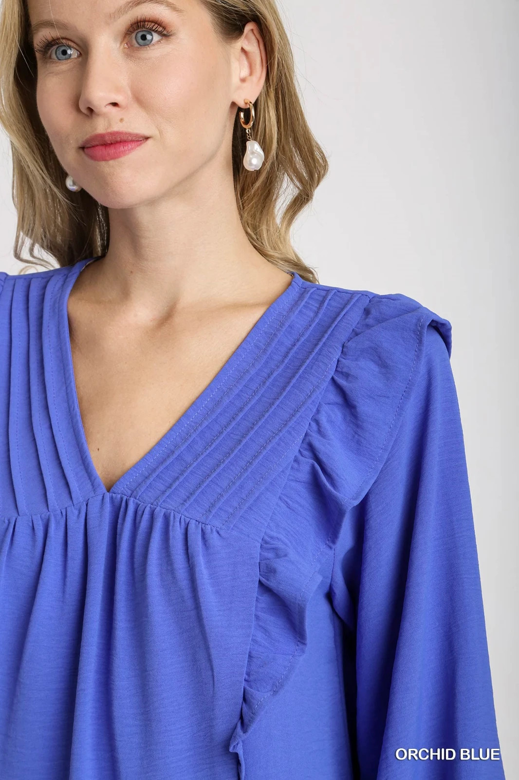 Umgee Orchid Blue Solid Balloon Long Sleeve Dress with Ruffle Details