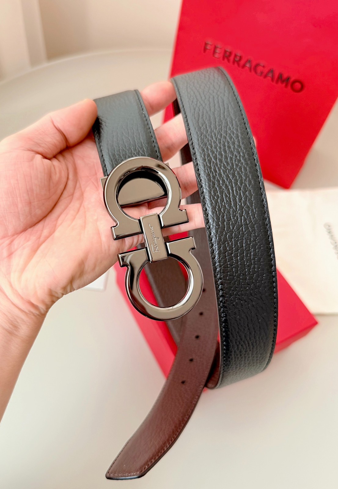 Salvatore Ferragamo Gancini Leather Belt 3.5cm Reversible Adjustable Luxury