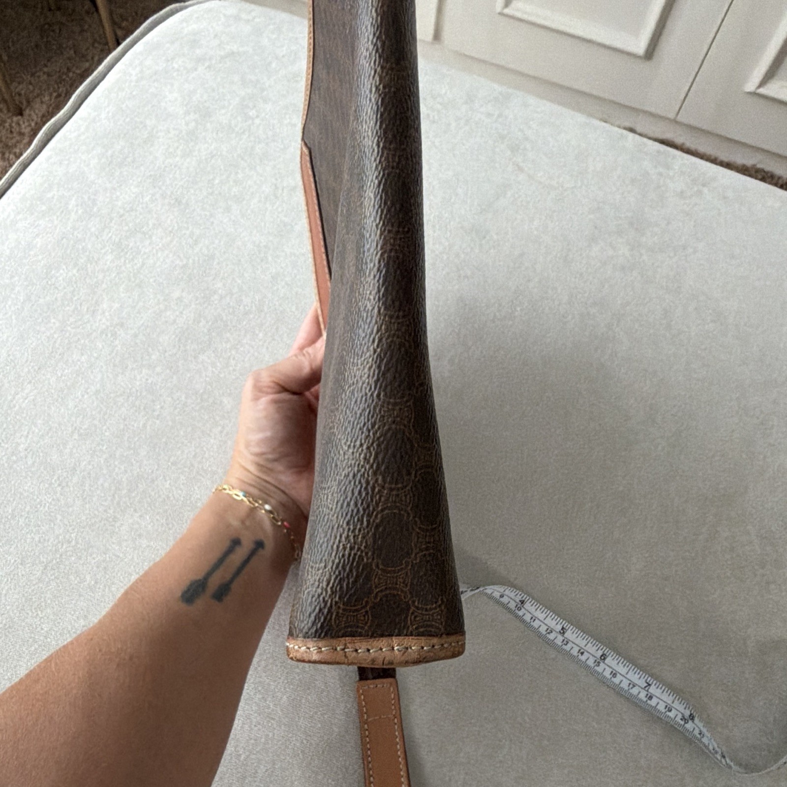 ⁠Vintage CELINE Macadam Canvas Clutch Pouch Wristlet Brown Tan Leather Trim