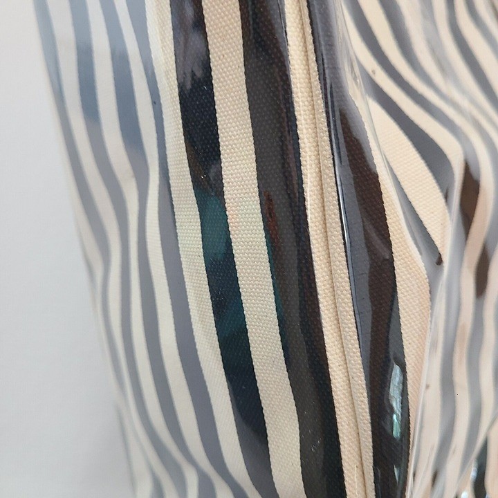 NWOT Agnes B. Striped Beige Black Canvas Vinyl Beach Tote Bag
