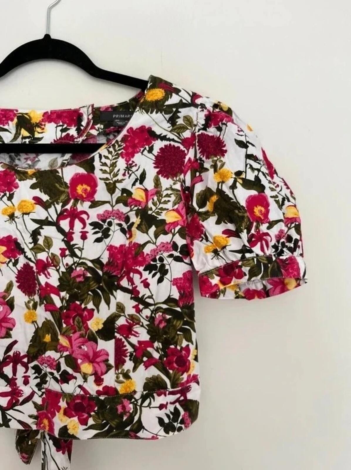 Primark floral puff sleeve cotton crop top with tie detail – size 8