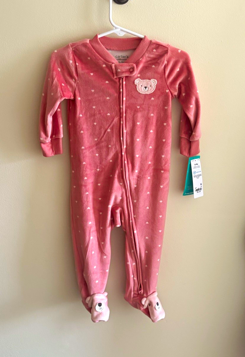 SOFT!!!Carter’s Child of Mine Footed Fleece Sleeper, Pink/White Hearts Bear 6-9M