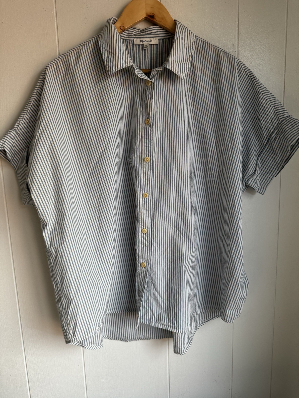 Madewell 100% Cotton Short Sleeve Collared Button-Up Striped Blue White XL