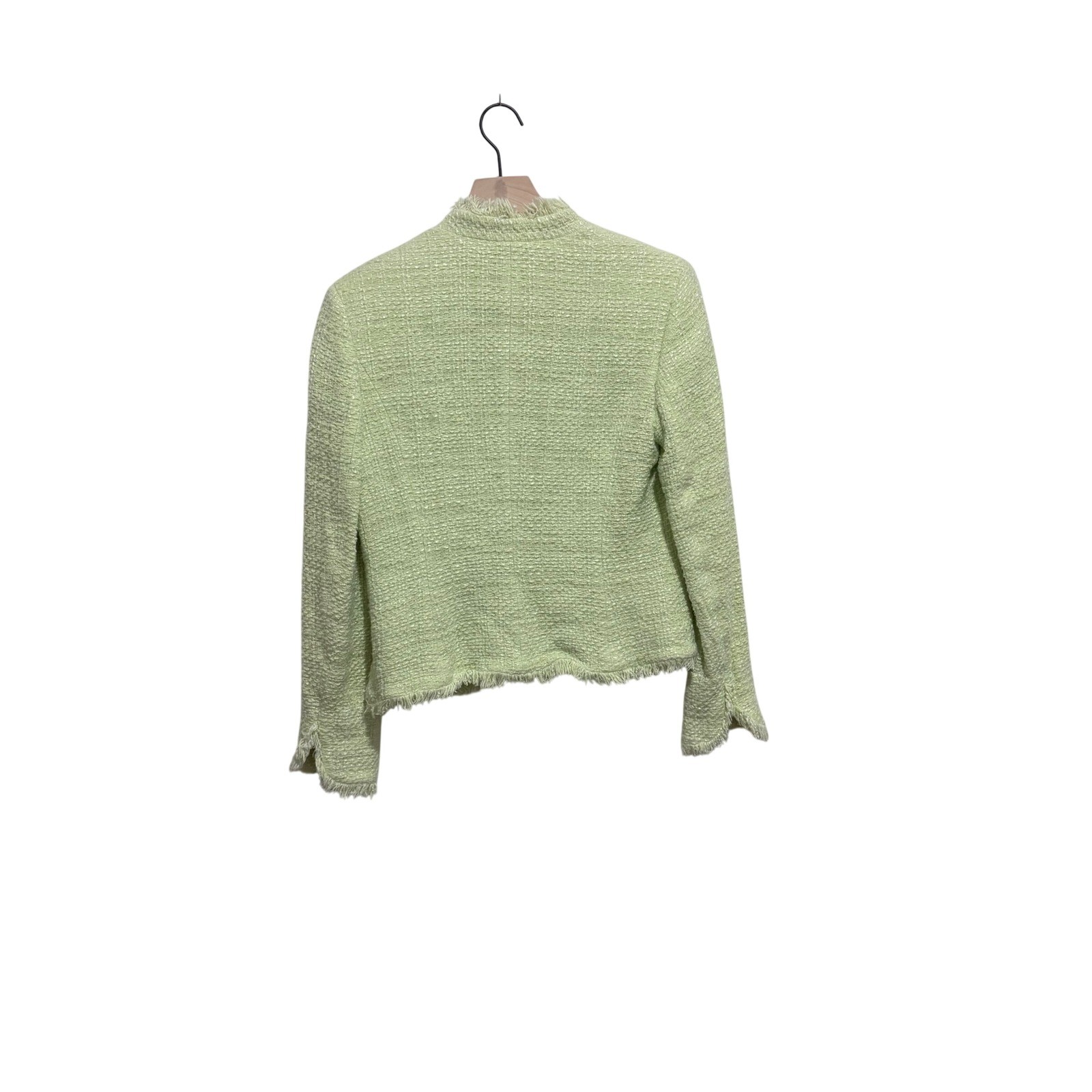Nordstrom Studio 121 Lime Green Tweed Blazer Fringe Trim Open Front Jacket