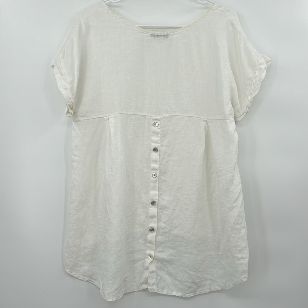 Terzo Millennio Womens 100% Linen Button Back Top Small White Lagenlook Coastal
