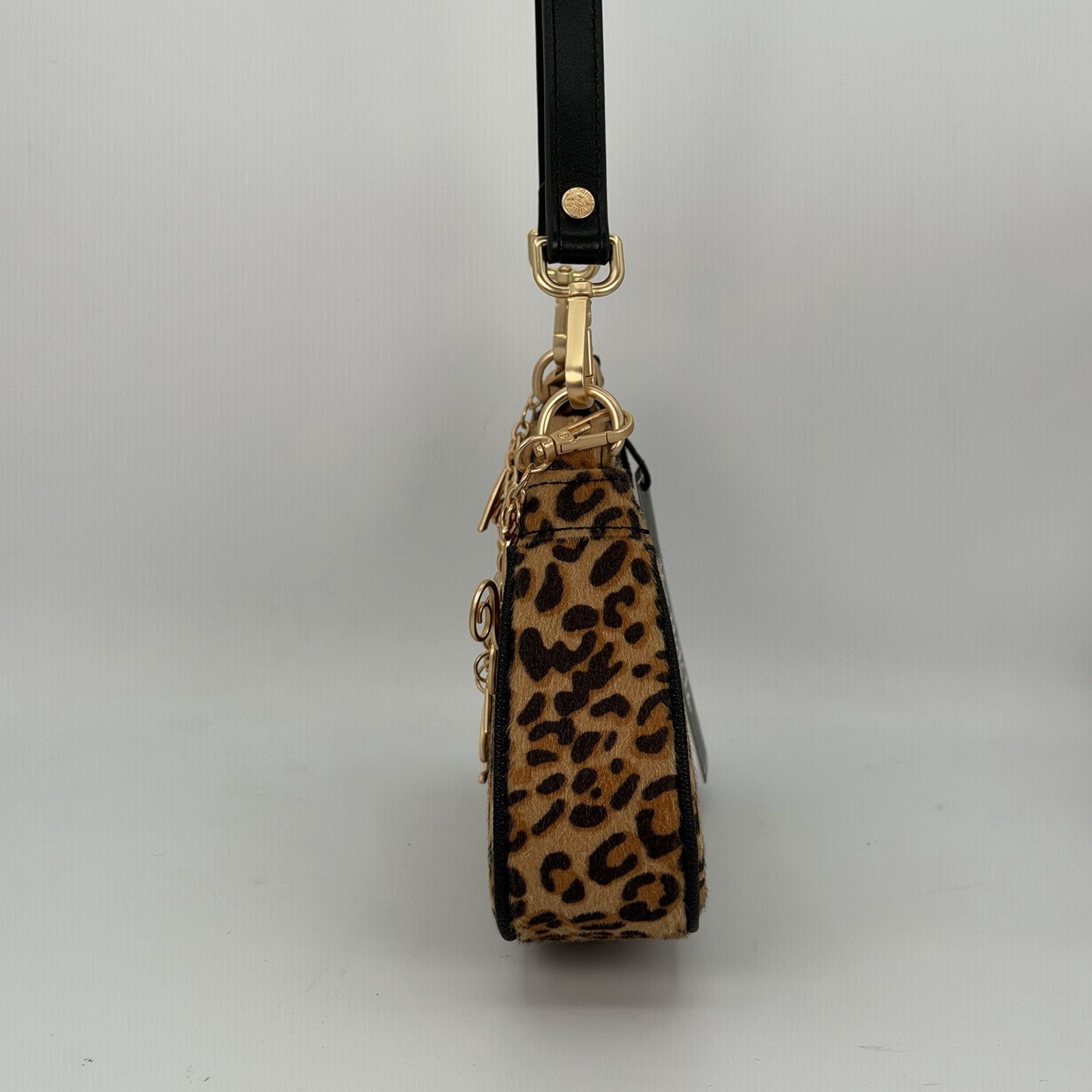 Von Dutch Crescent Shoulder Bag Leopard Print Brown & Black Gold Zip With Charm