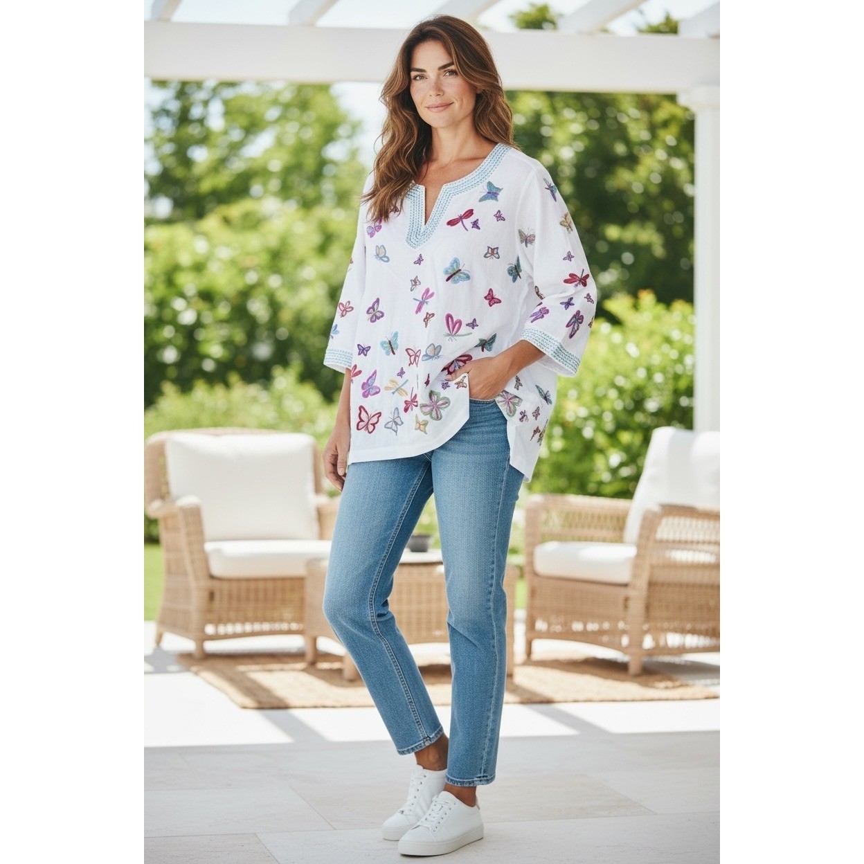 John Mark Petite Large White Linen Blend Butterfly Embroidery Tunic PL NWT