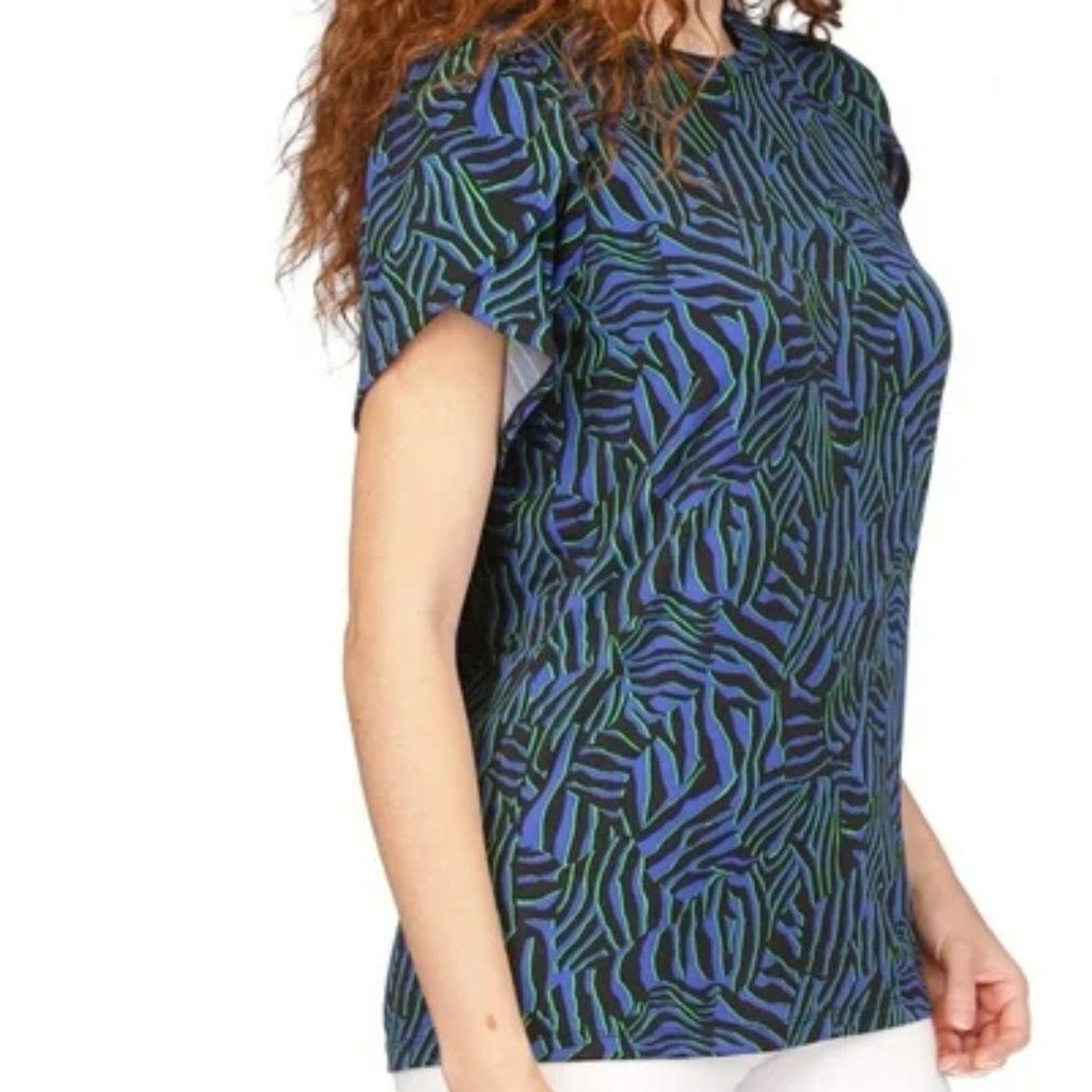 NWT MICHAEL KORS WOMENS PRINTED PETAL-SLEEVE TUNIC/TOP ROYAL MR35M6Z7U4 XS