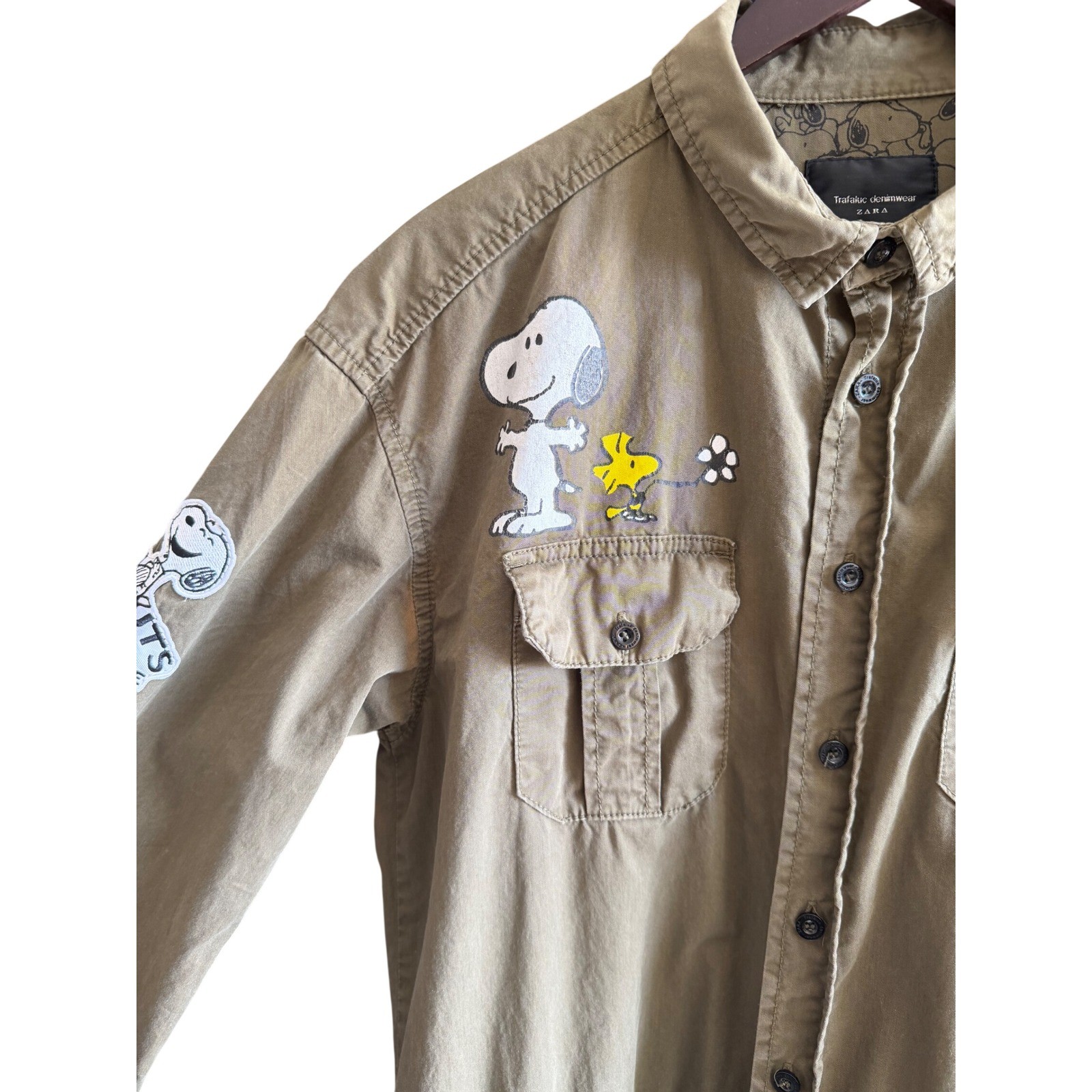 Zara Peanuts Snoopy Olive Green Utility Jumpsuit Coveralls Women’s Large L
