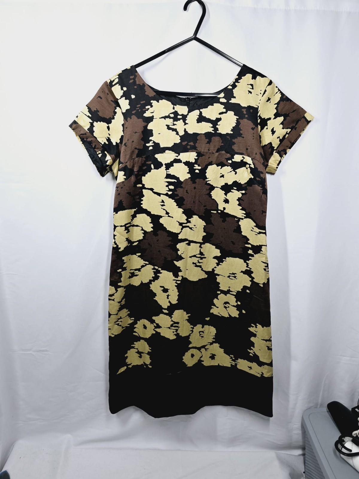 M&S Autograph Dress Size 10 Cotton & Silk Blend Black Brown Yellow Tunic Shift