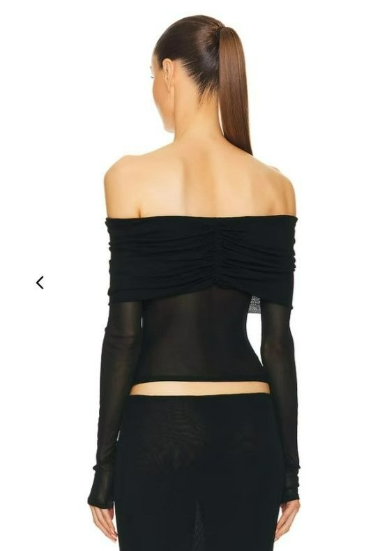 HELSA Revolve Black Sheer Knit Off The Shoulder Top Mesh Jersey Long Sleeve