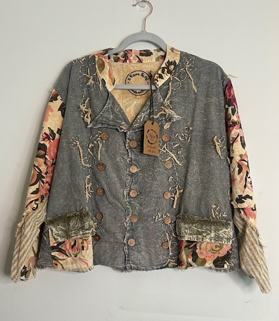 #1396 A Rare Bird Chambray Knotted Floral Mixed Shabby Chic Shirt/Jacket NWT