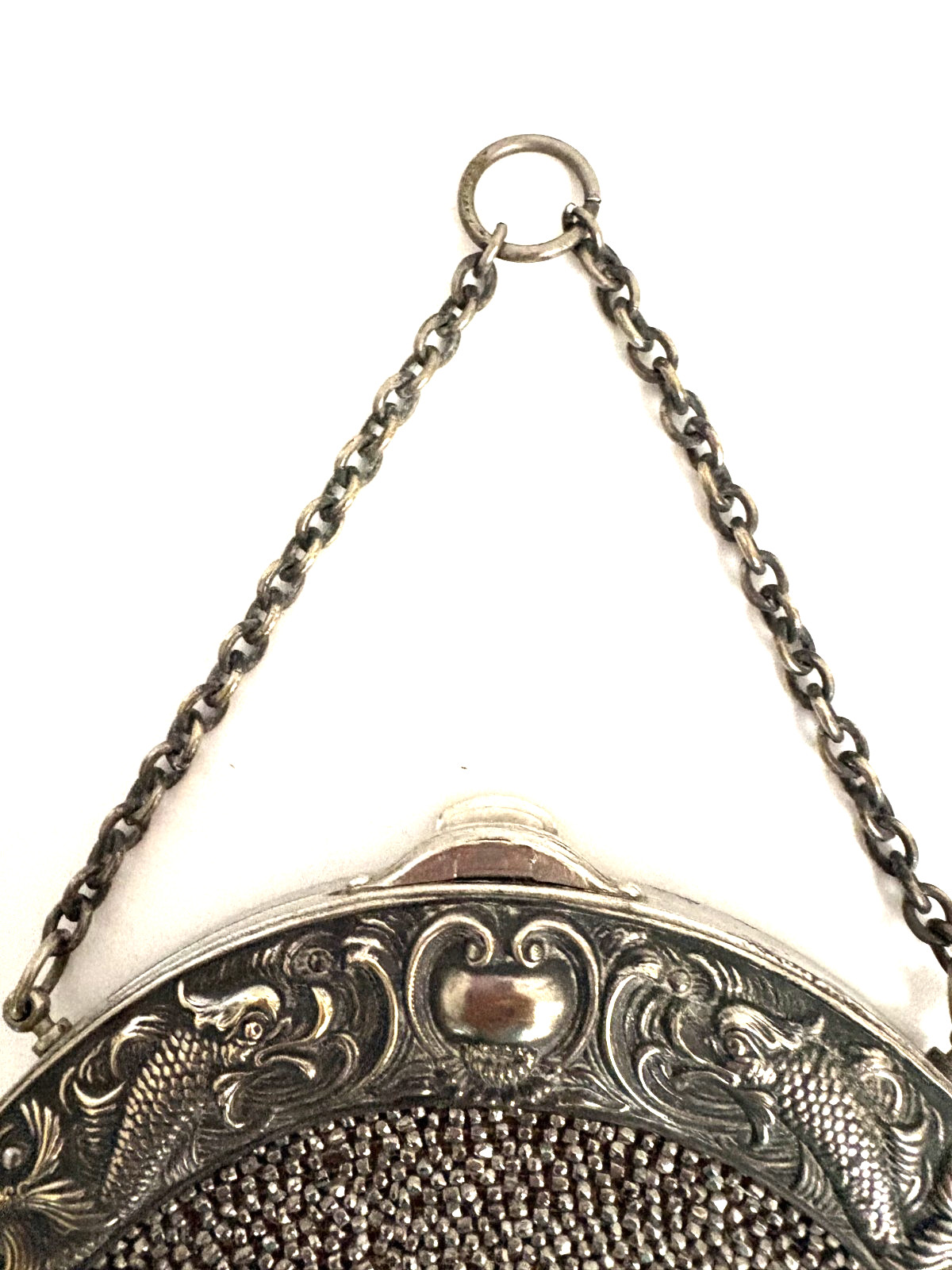 Antique Chatelaine Round Suede & Steel Cut Beaded Purse w/Mythical Fish on Frame