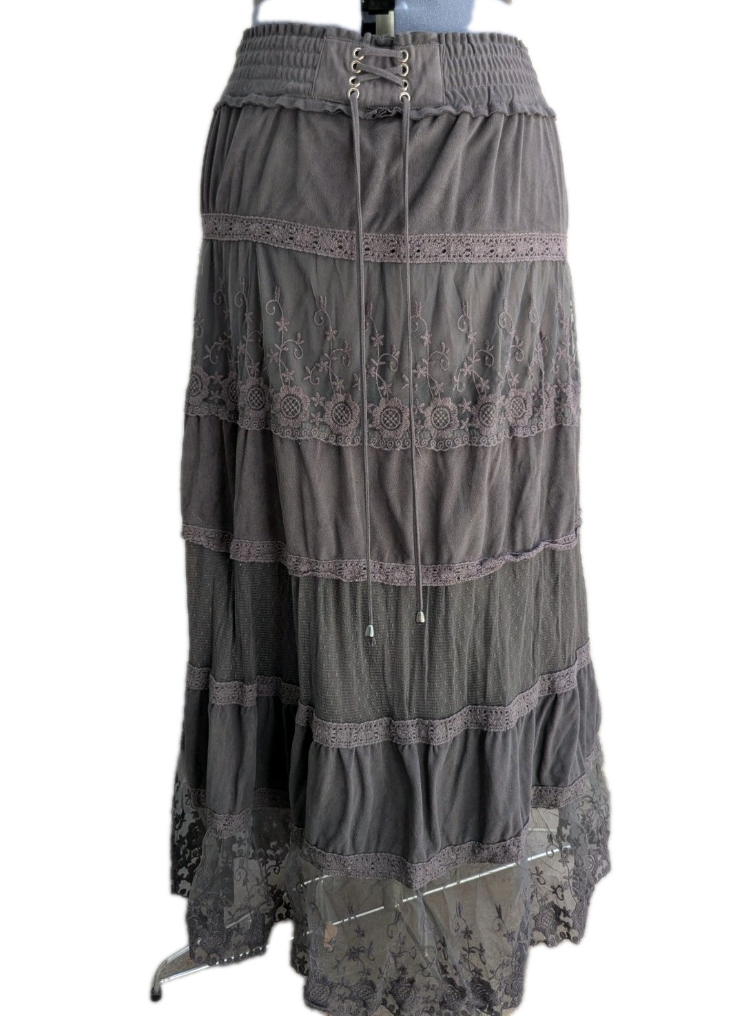 Dark Gray Gothic Witch Tiered Lace Skirt Built-In Corset Waist Belt