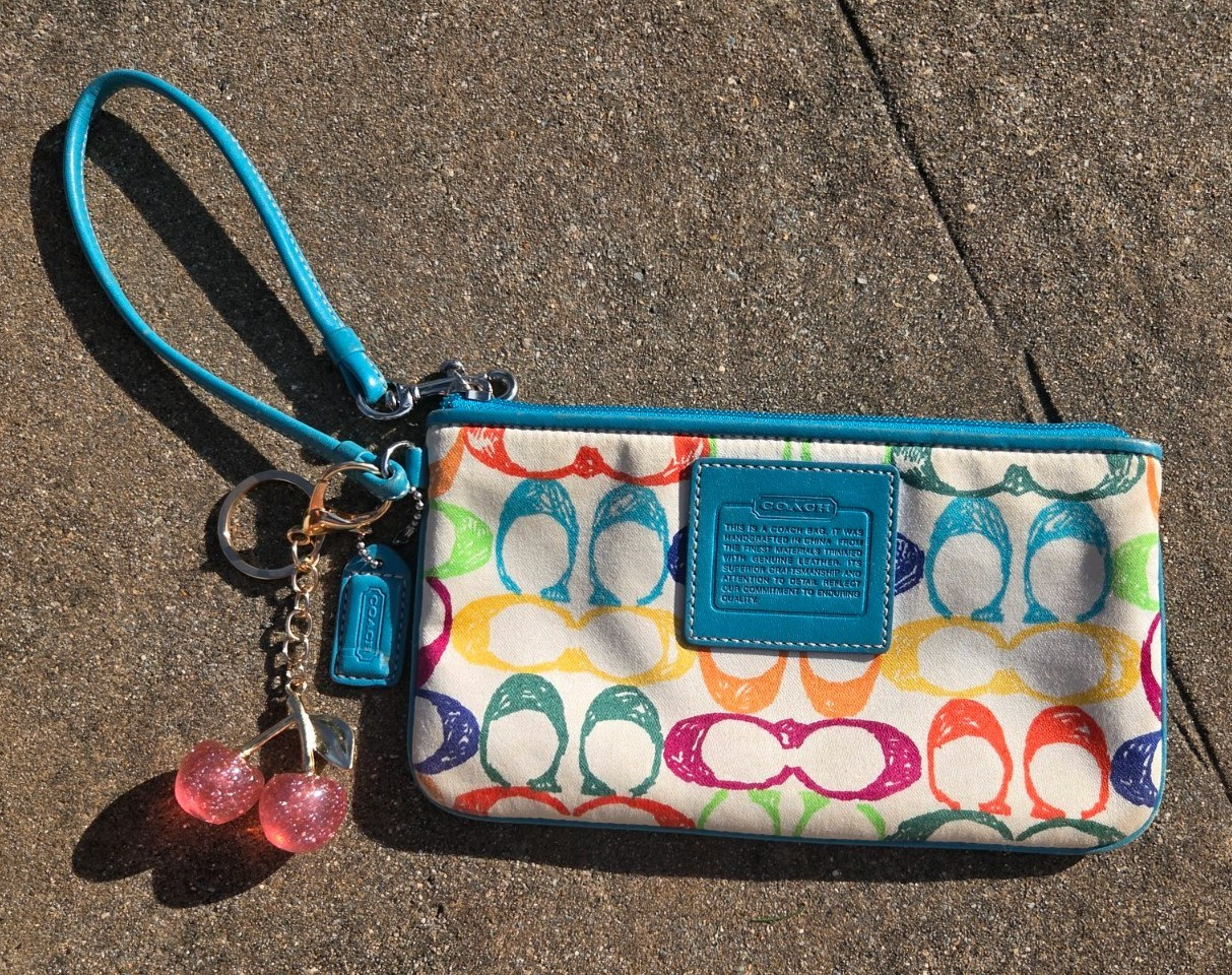 Vintage Y2K Coach Hampton Scribble Wristlet Teal Multicolor + Cherry Charm 🍒