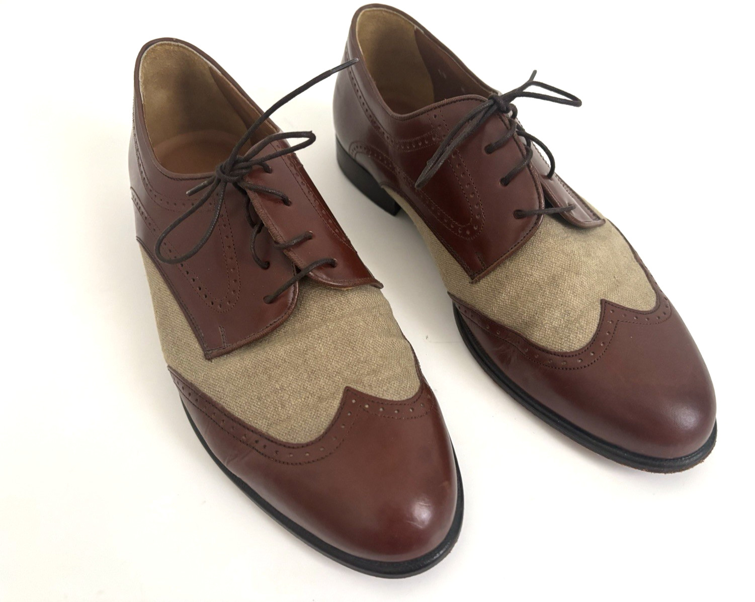 Bostonian Florentine Shoes Size 10 Brown Leather Linen Spectator Wingtip Italy