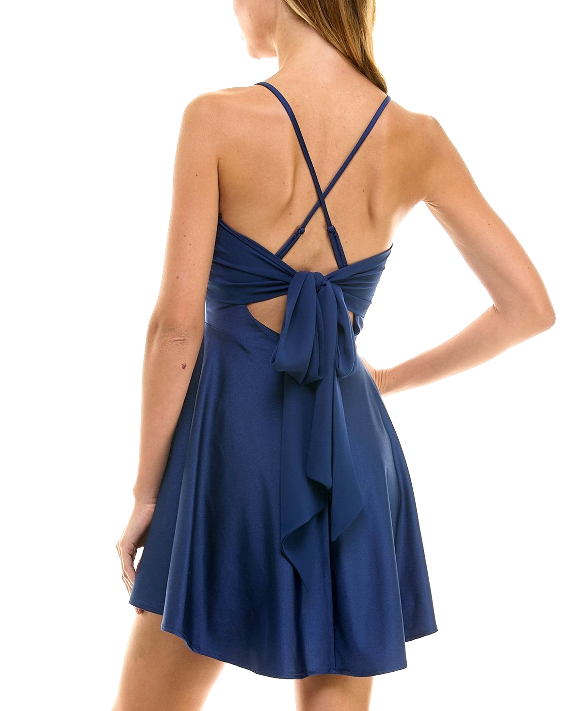 City Studio X4347 Juniors’ Draped Sleeveless Satin Fit & Flare Dress, Admiral, S